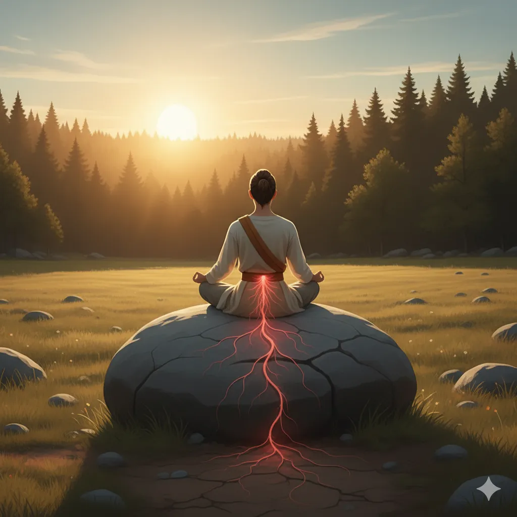 Visualisasi cakra dasar atau Muladhara yang seimbang, dengan akar energi merah terhubung ke bumi, melambangkan stabilitas dan keamanan diri.