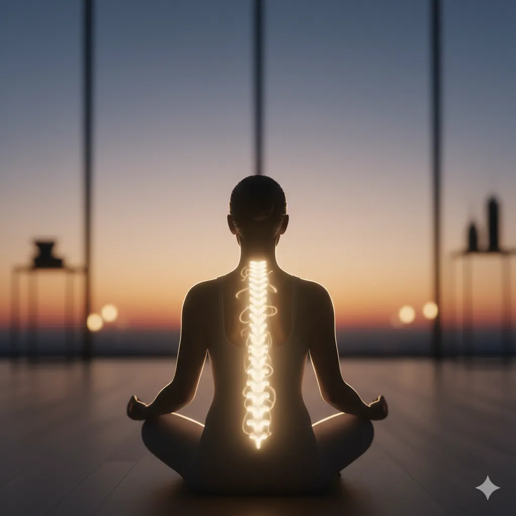 Seseorang dalam pose meditatif yang tenang dengan aura cahaya lembut yang memancar dari dalam, melambangkan tanda cakra aktif dan energi yang seimbang.