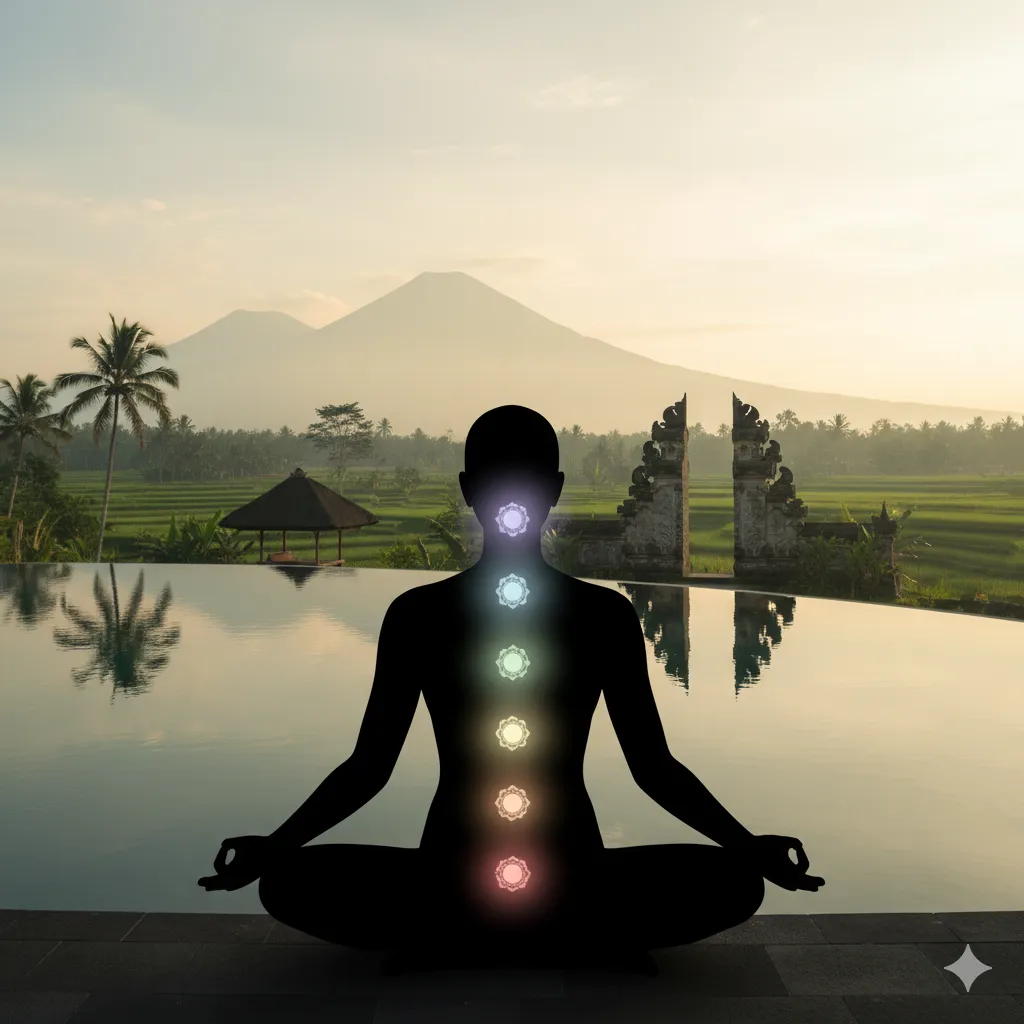 Ilustrasi elegan 7 cakra manusia dan fungsinya pada siluet tubuh untuk keseimbangan energi spiritual