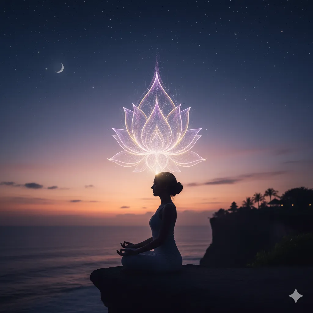 Seorang praktisi sedang melakukan meditasi untuk aktivasi cakra mahkota (Sahasrara).