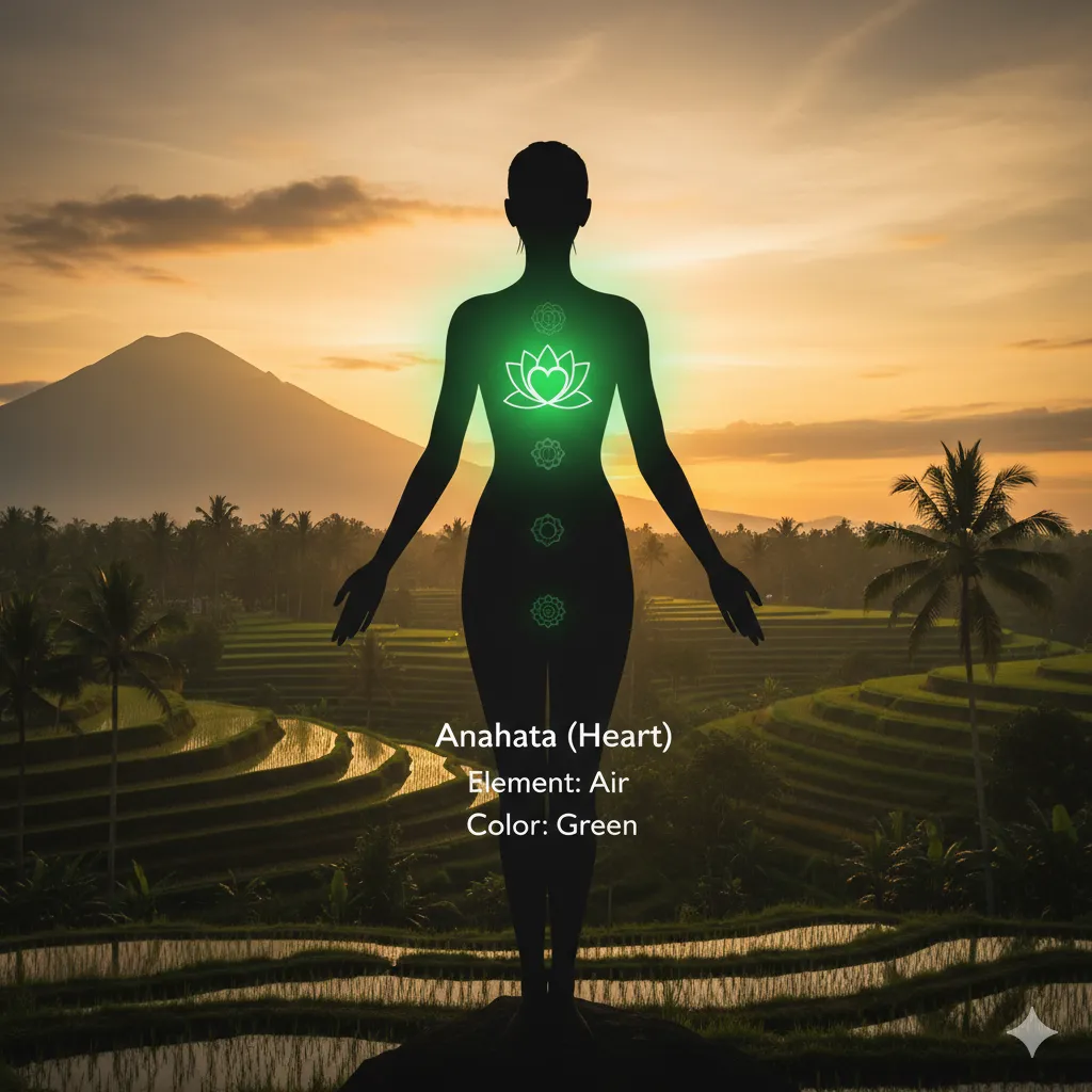 Infografis lokasi Cakra Jantung atau Anahata dalam sistem tujuh cakra tubuh manusia.