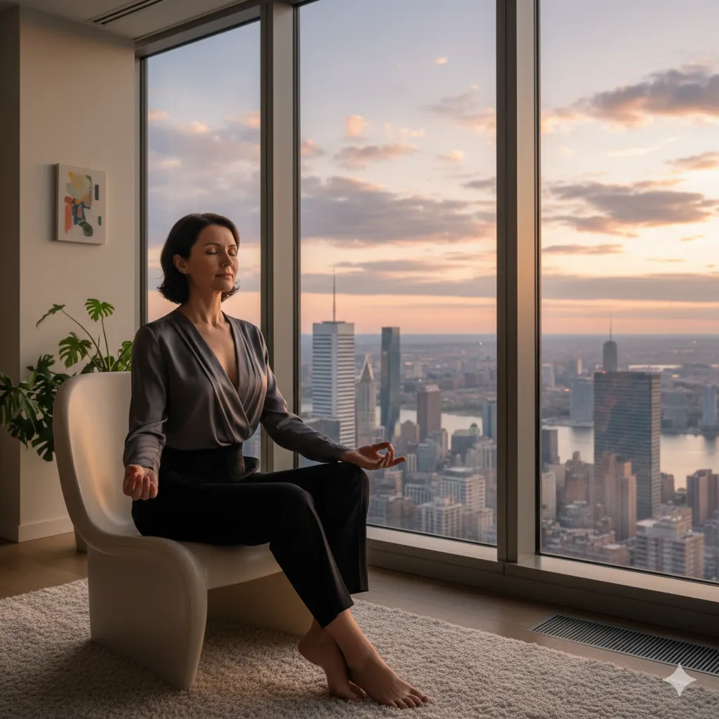 Seorang profesional sedang melakukan meditasi pagi untuk menjaga kesehatan spiritual di apartemen modern.
